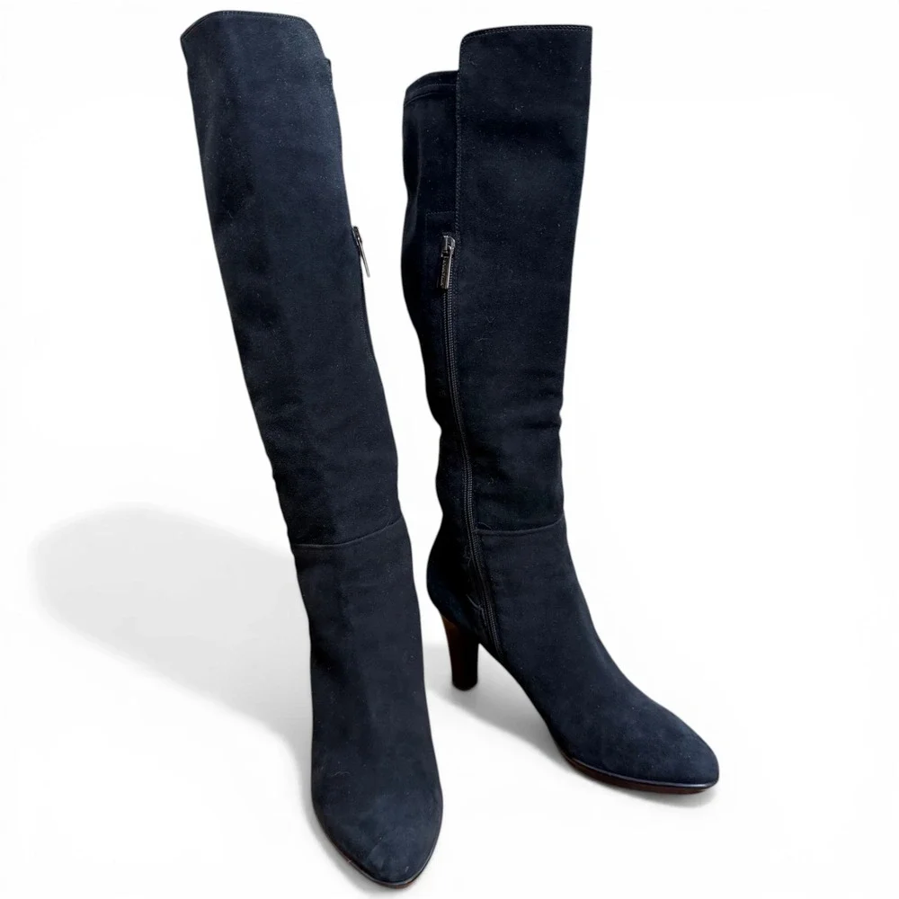 AQUATALIA Womens Black Suede Boots Knee High Almond Toe Weatherproof Dressy Heel